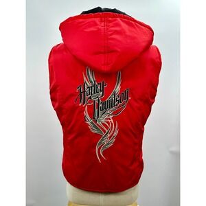 Vintage Harley Davidson Womens Reversible Puffer Vest‎ Y2K Blk/Red Hooded Logo S